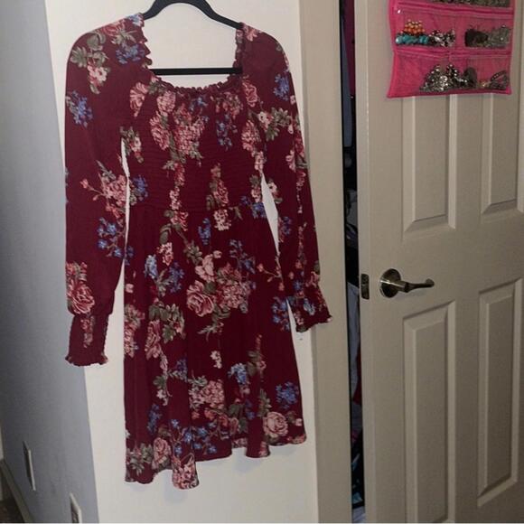 Xhiliration Red Floral Boho Fall Smocked Dress Preppy Dark Academia POCKETS - Picture 1 of 7